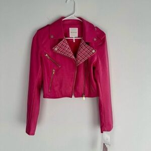Avec Les Filles Faux Leather Jacket with Plaid Collar - Hot Pink (Size Small)